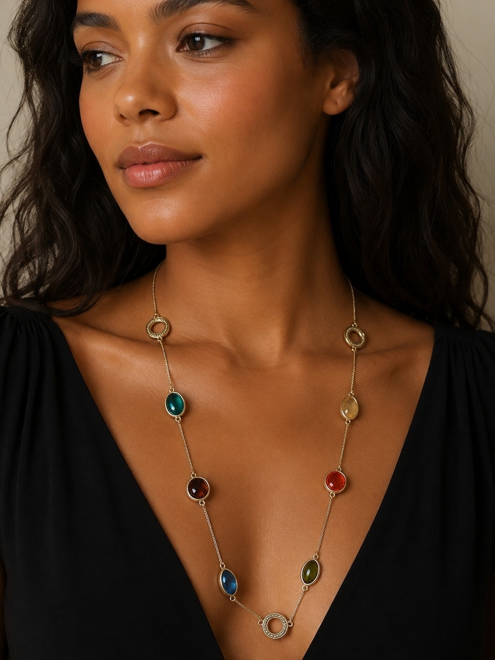 Avon Silver-Tone Long Necklace with Multicolor Cabochons